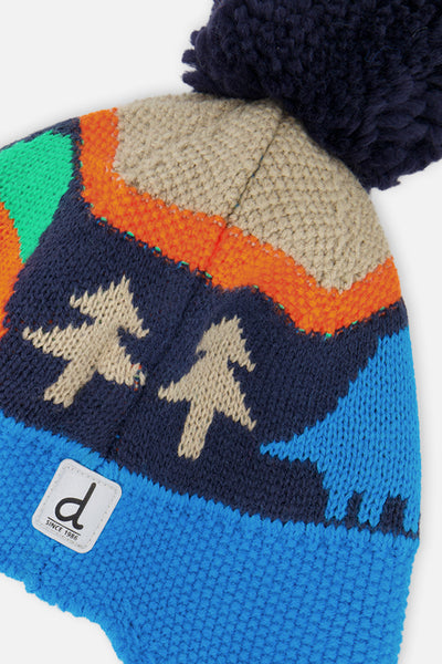 Winter Peruvian Knit Hat With Pompom Blue Dinosaur Print - J10Z21_1J077