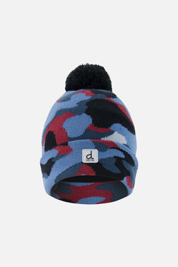 Winter Knit Hat With Pompom Blue And Red Camouflage - J10Z23_1J072