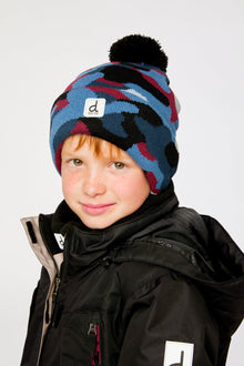 Winter Knit Hat With Pompom Blue And Red Camouflage - J10Z23_1J072