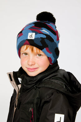 Winter Knit Hat With Pompom Blue And Red Camouflage - J10Z23_1J072