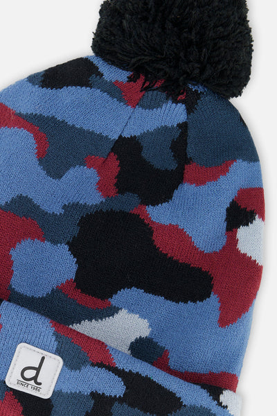 Winter Knit Hat With Pompom Blue And Red Camouflage - J10Z23_1J072