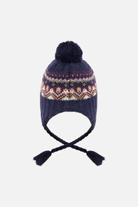 Baby Winter Peruvian Knit Hat With Pompom Blue And Red Jacquard - J10Z26B_1J073