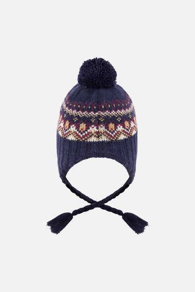 Baby Winter Peruvian Knit Hat With Pompom Blue And Red Jacquard - J10Z26B_1J073