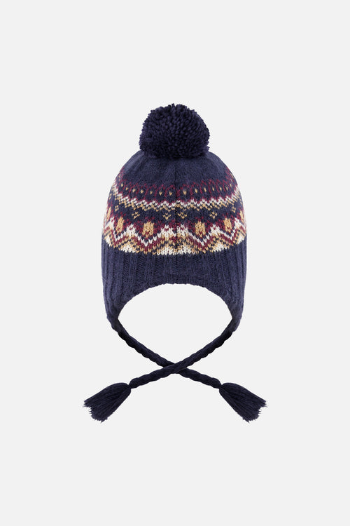 Baby Winter Peruvian Knit Hat With Pompom Blue And Red Jacquard - J10Z26B_1J073