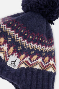 Baby Winter Peruvian Knit Hat With Pompom Blue And Red Jacquard - J10Z26B_1J073