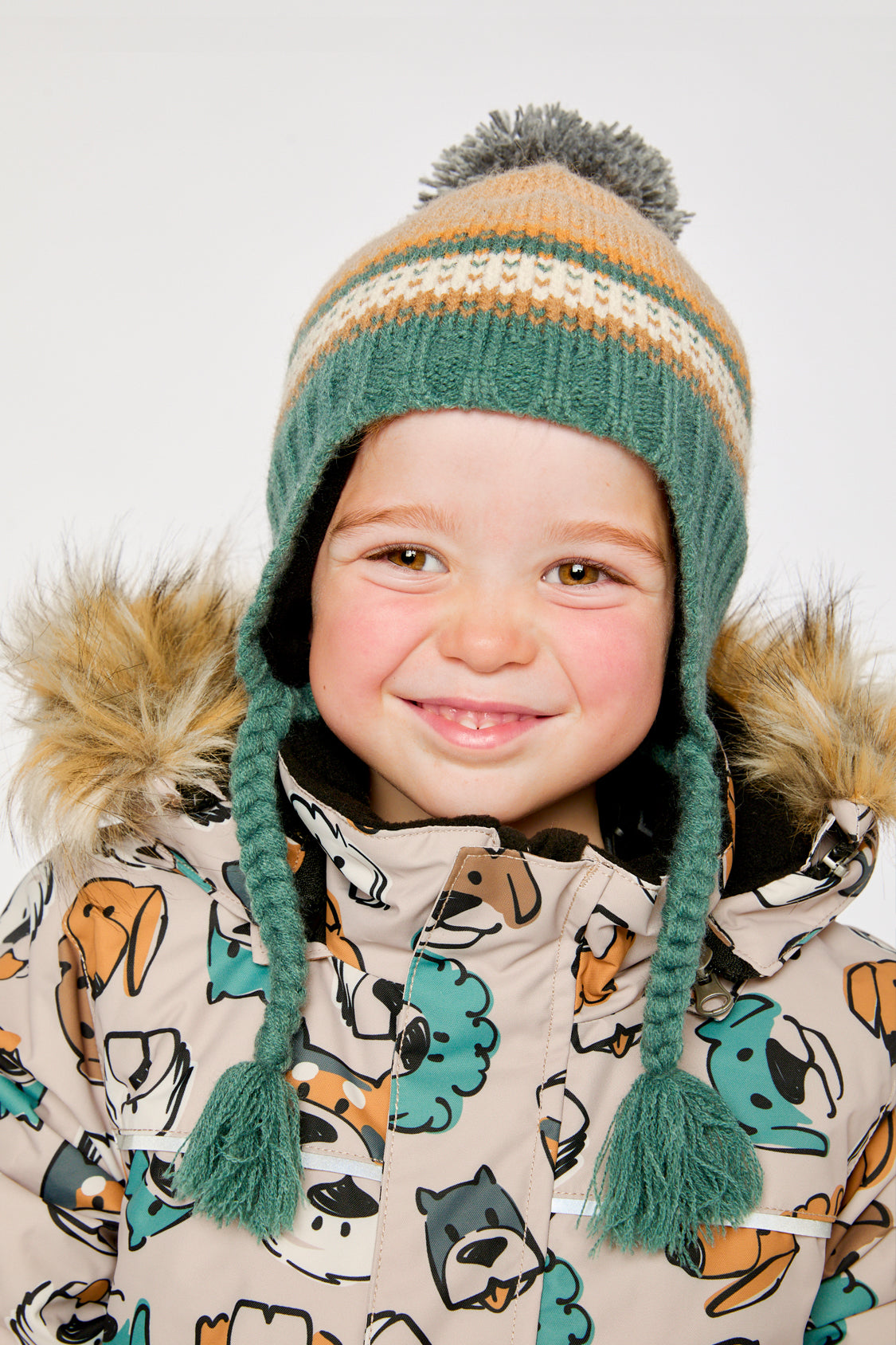 Winter Peruvian Knit Hat With Pompom Beige And Green Jacquard - J10Z29_1J076