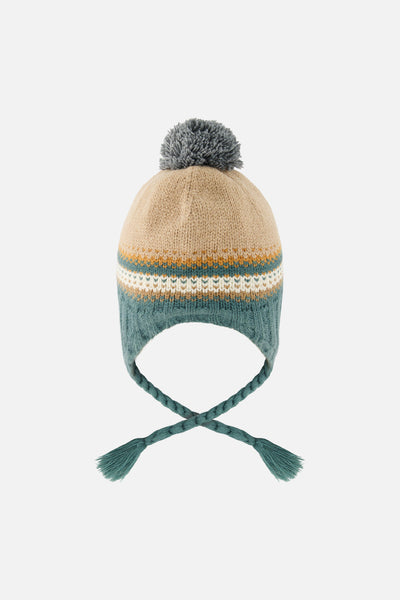 Winter Peruvian Knit Hat With Pompom Beige And Green Jacquard - J10Z29_1J076