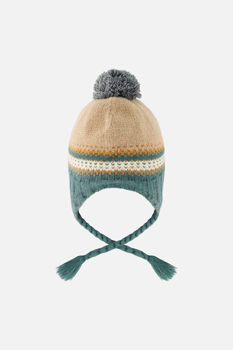 Winter Peruvian Knit Hat With Pompom Beige And Green Jacquard - J10Z29_1J076