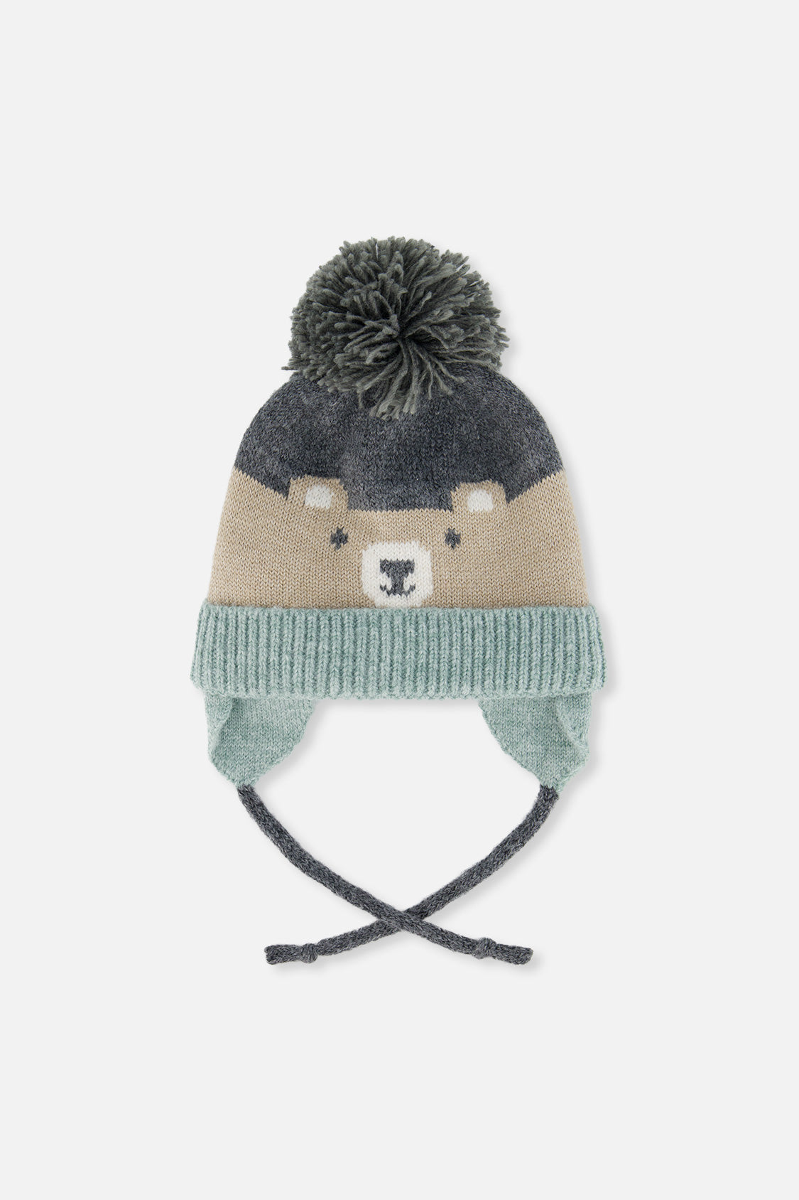 Baby Winter Knit Hat With Teddy Bear Face And Ears Beige And Turquoise - J10Z32B_1J074
