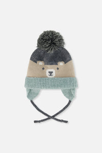 Baby-Winterstrickmütze mit Teddybärgesicht und Ohren in Beige und Türkis