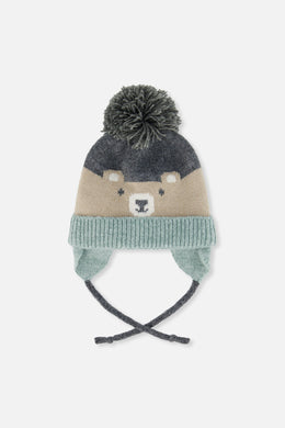 Baby Winter Knit Hat With Teddy Bear Face And Ears Beige And Turquoise - J10Z32B_1J074