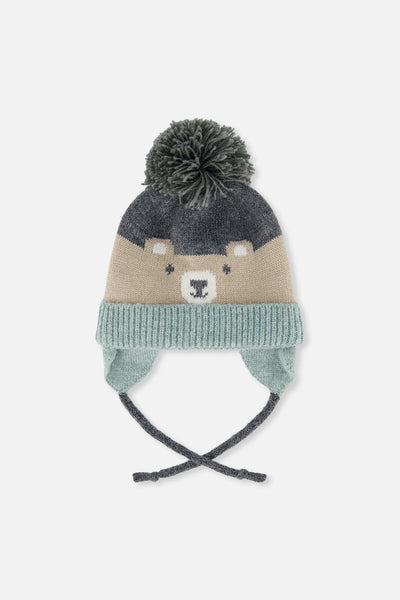 Baby Winter Knit Hat With Teddy Bear Face And Ears Beige And Turquoise - J10Z32B_1J074