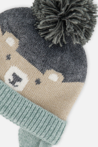 Baby Winter Knit Hat With Teddy Bear Face And Ears Beige And Turquoise - J10Z32B_1J074