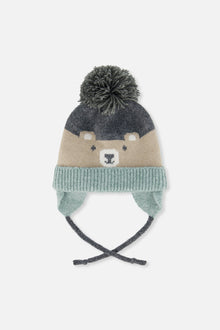 Winter Knit Hat With Teddy Bear Face And Ears Beige And Turquoise - J10Z32_1J074