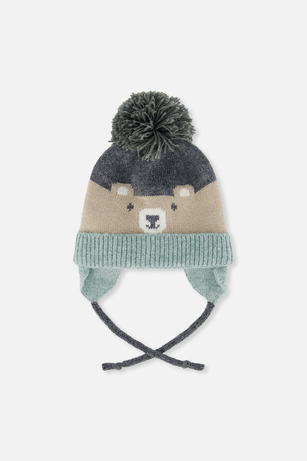 Winter Knit Hat With Teddy Bear Face And Ears Beige And Turquoise - J10Z32_1J074
