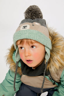 Winter Knit Hat With Teddy Bear Face And Ears Beige And Turquoise - J10Z32_1J074