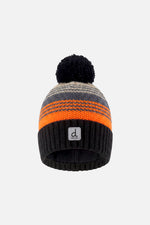 Winter Knit Hat With Pompom Grey And Orange Stripes