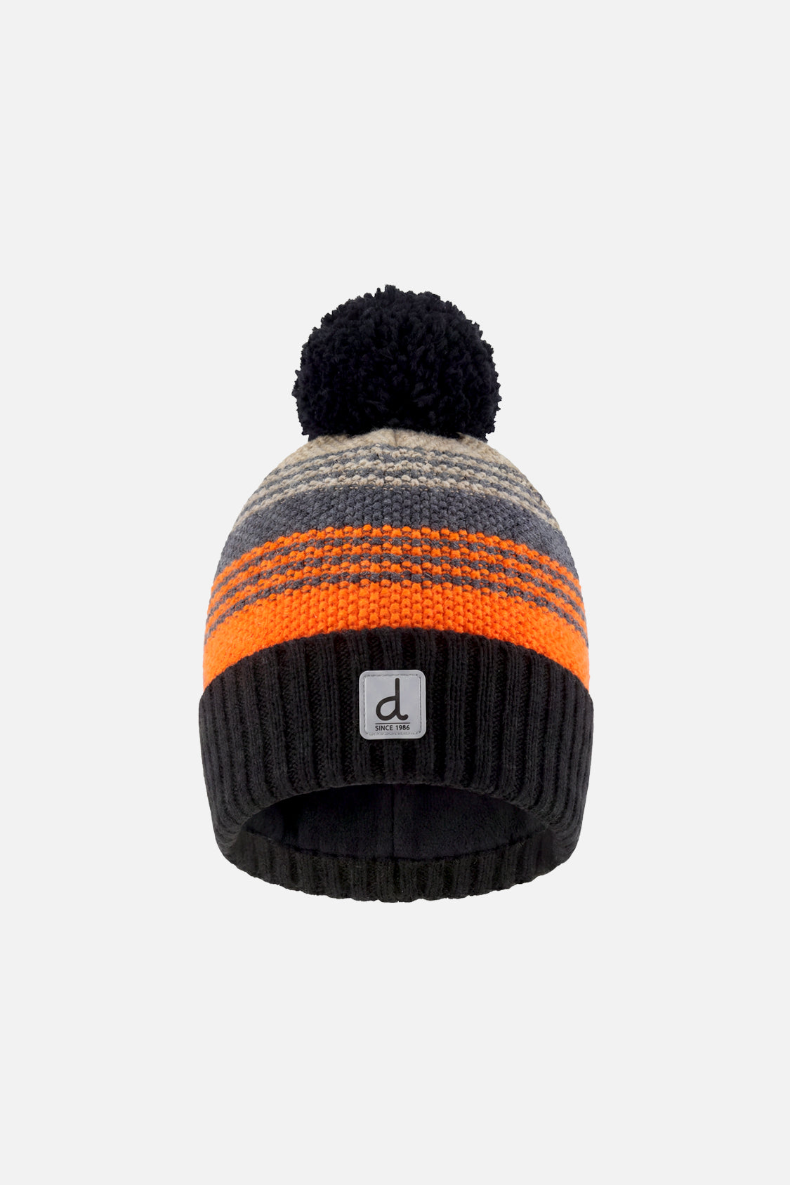 Winterstrickmütze mit Bommel, grau und orange gestreift