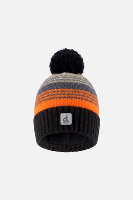 Winter Knit Hat With Pompom Grey And Orange Stripes