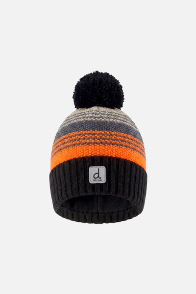Winterstrickmütze mit Bommel, grau und orange gestreift