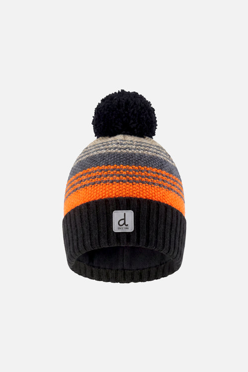 Winter Knit Hat With Pompom Grey And Orange Stripes