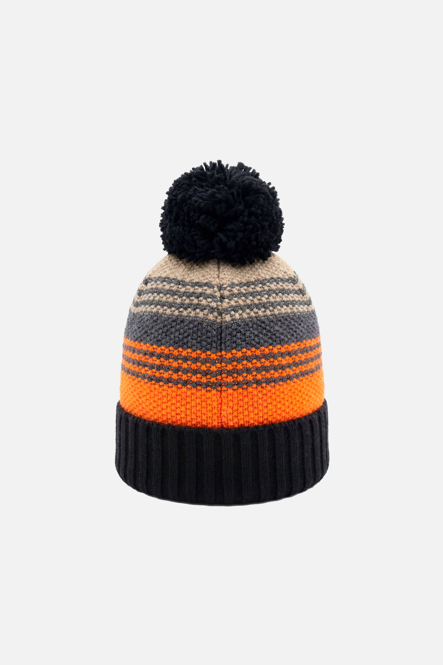 Winterstrickmütze mit Bommel, grau und orange gestreift