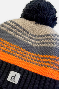 Winter Knit Hat With Pompom Grey And Orange Stripes