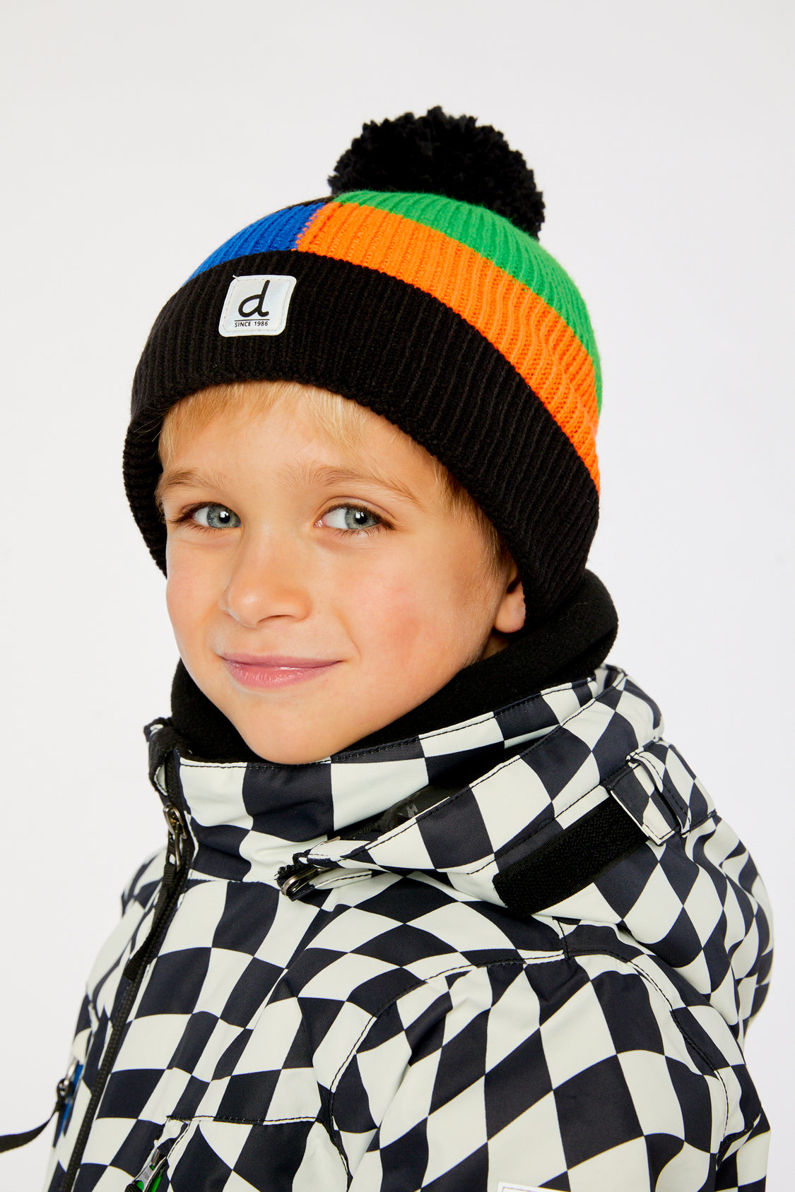Winter Knit Hat With Pompom Black, Blue, Green And Orange Tiles - J10Z34_1J079