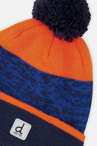 Winter Knit Hat With Pompom Color Block Orange And Blue - J10Z35_1J068