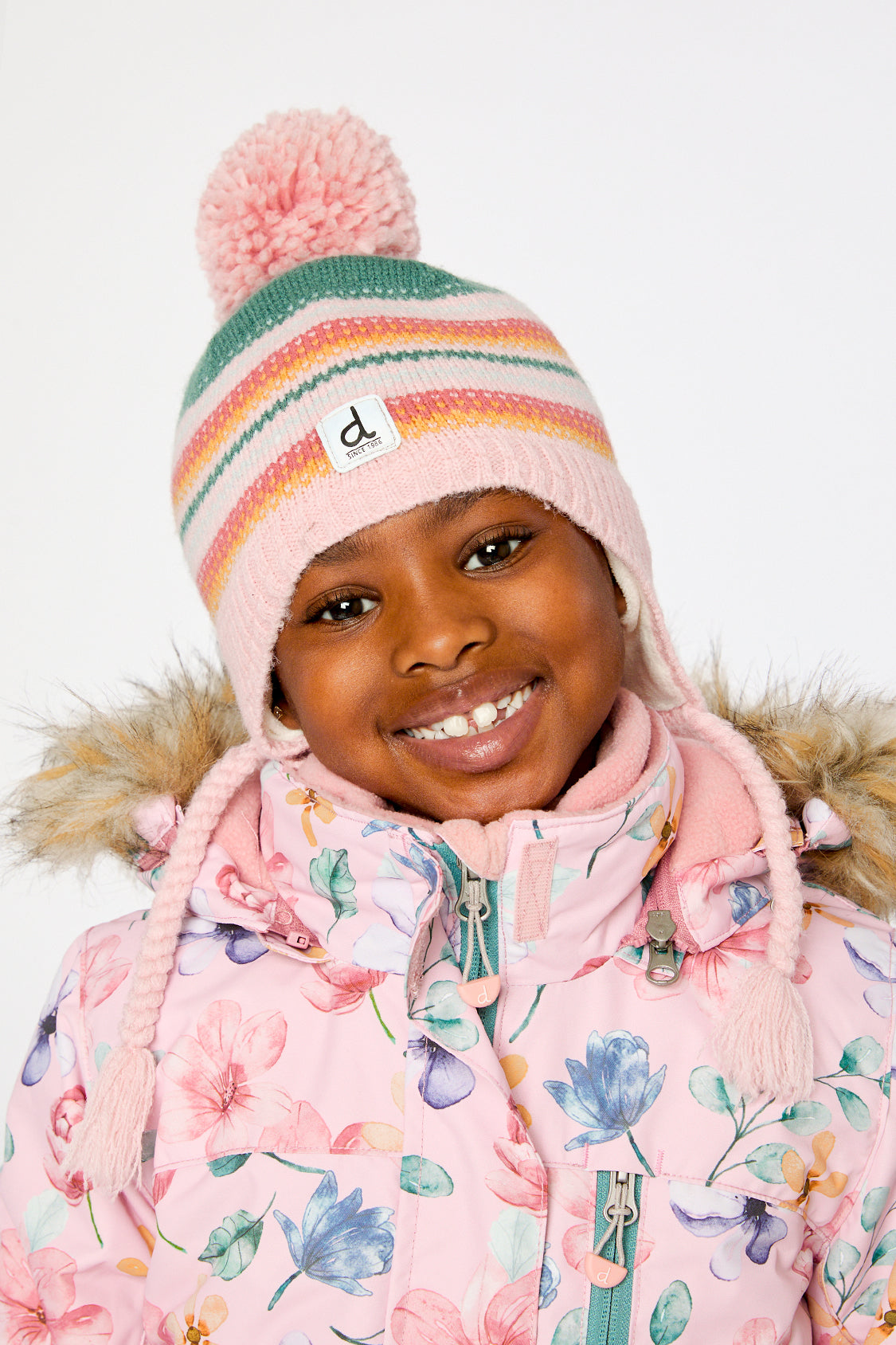 Winter Peruvian Knit Hat With Pompom Pink And Green Jacquard - J10Z36_1J081