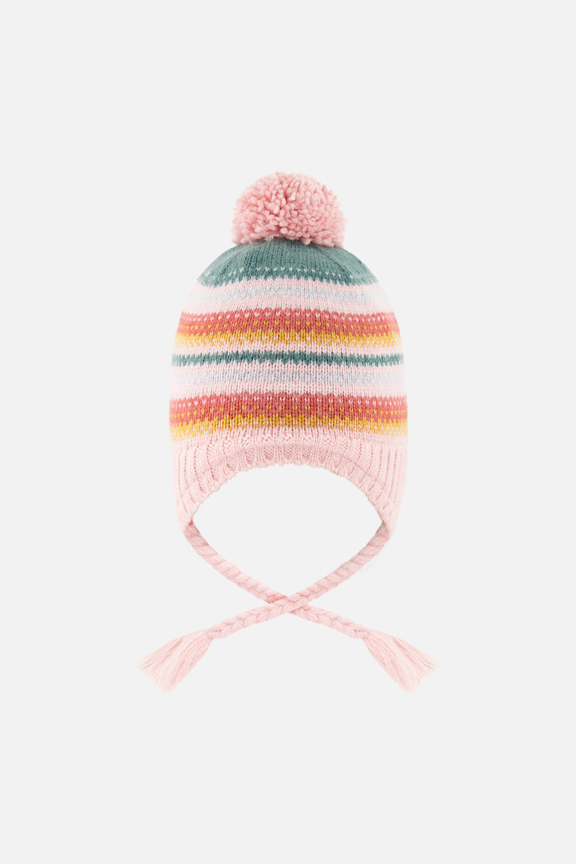 Winter Peruvian Knit Hat With Pompom Pink And Green Jacquard - J10Z36_1J081