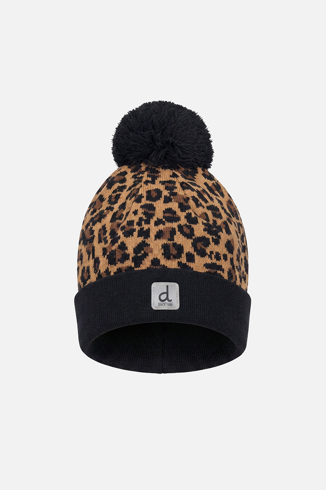 Winter Knit Hat With Pompom Brown Leopard Print