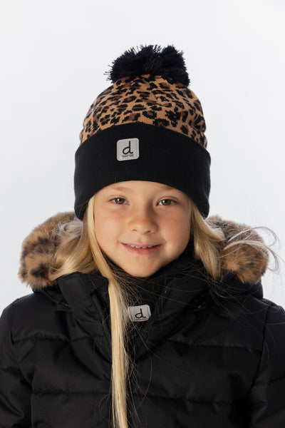 Winter-Strickmütze mit Bommel, braunem Leopardenmuster