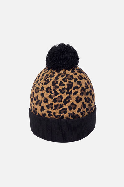 Winter Knit Hat With Pompom Brown Leopard Print