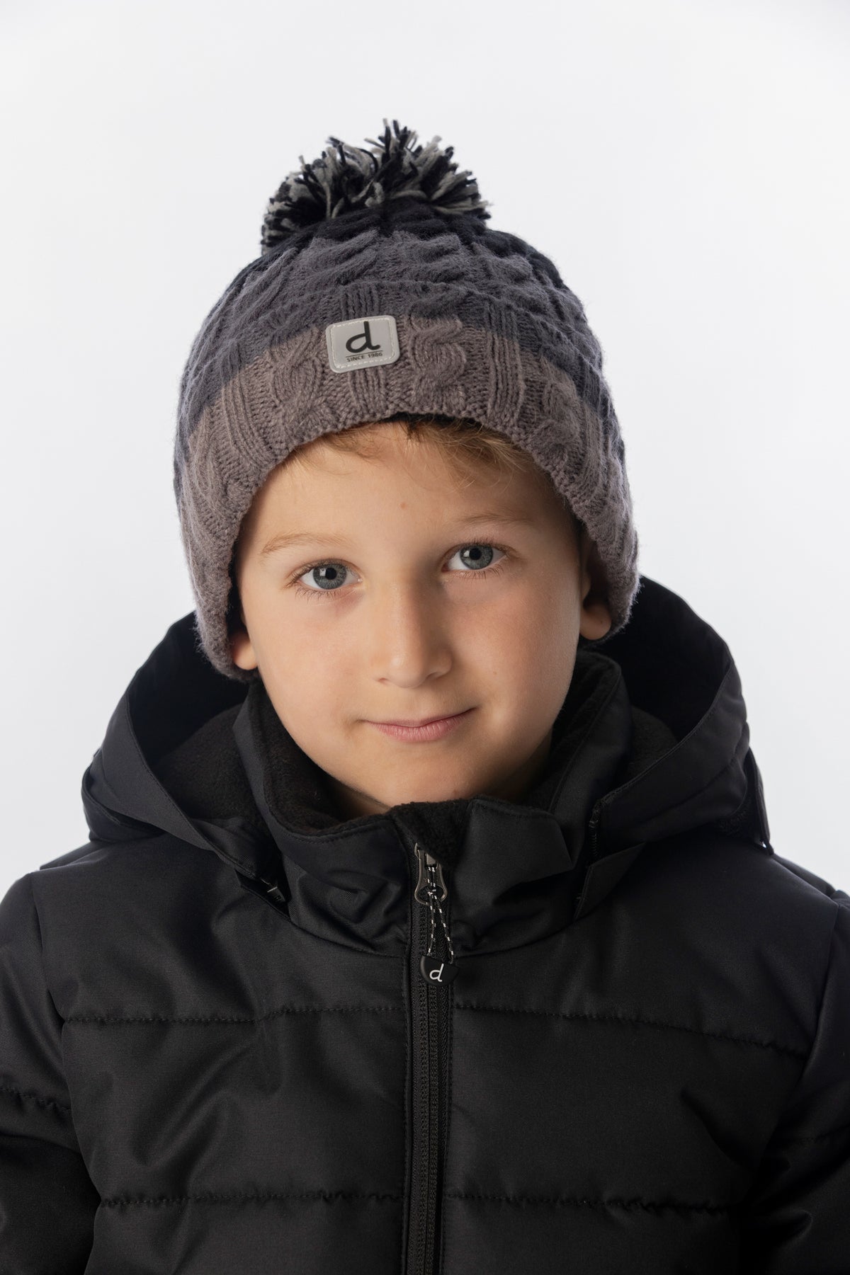 Winter Knit Hat With Pompom Black And Grey