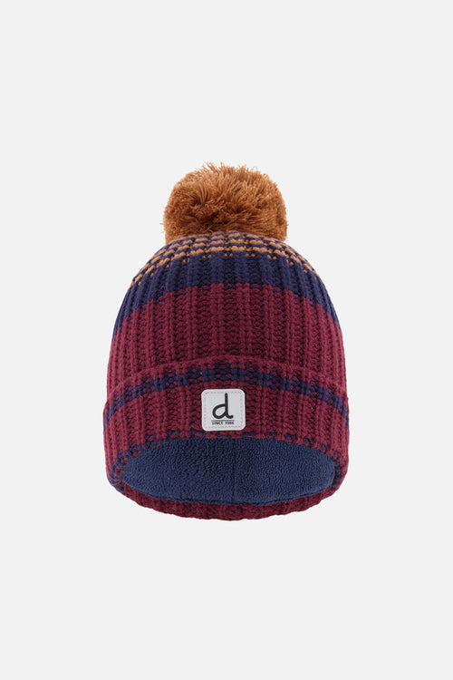 Bonnet d'hiver en tricot avec pompom bordeaux et brun