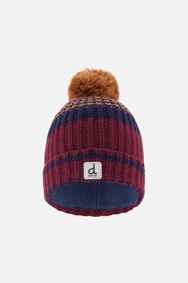 Bonnet d'hiver en tricot avec pompom bordeaux et brun