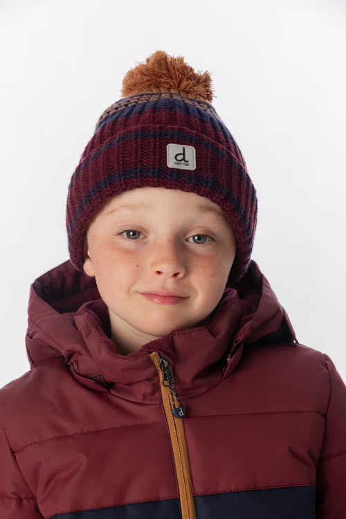 Bonnet d'hiver en tricot avec pompom bordeaux et brun