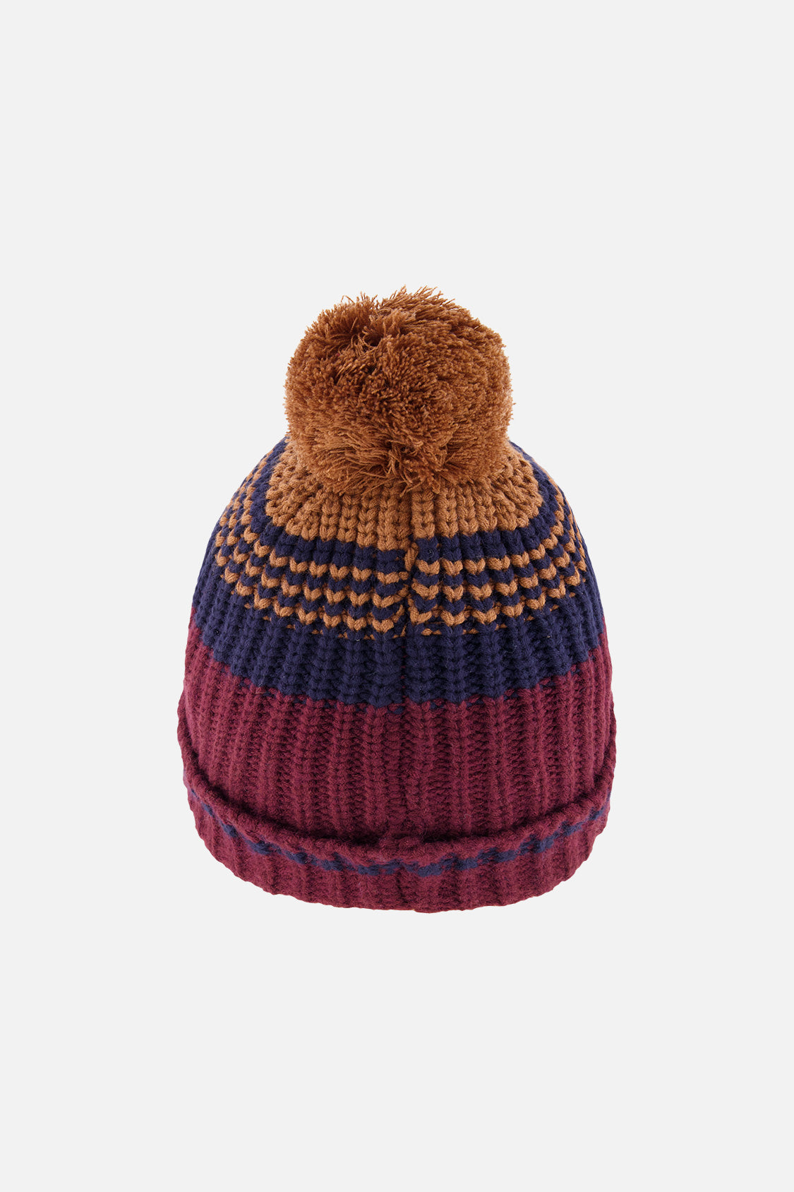 Bonnet d'hiver en tricot avec pompom bordeaux et brun