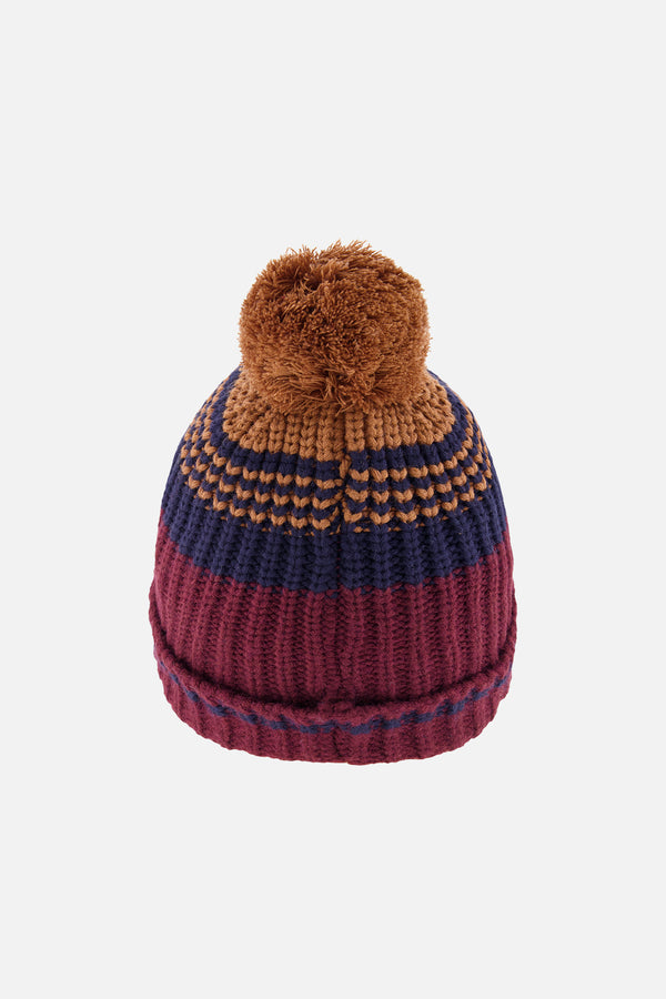 Bonnet d'hiver en tricot avec pompom bordeaux et brun