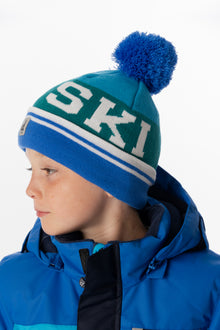 Bonnet d'hiver en tricot avec pompom bleu foncé et turquoise