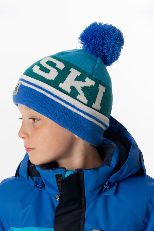 Bonnet d'hiver en tricot avec pompom bleu foncé et turquoise