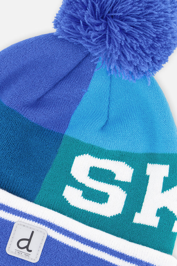 Winter Knit Hat With Pompom Dark Blue And Turquoise
