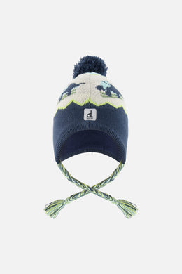 Peruanische Winter-Strickmütze mit Dino-Motiv und Bommel in dunklem Türkis