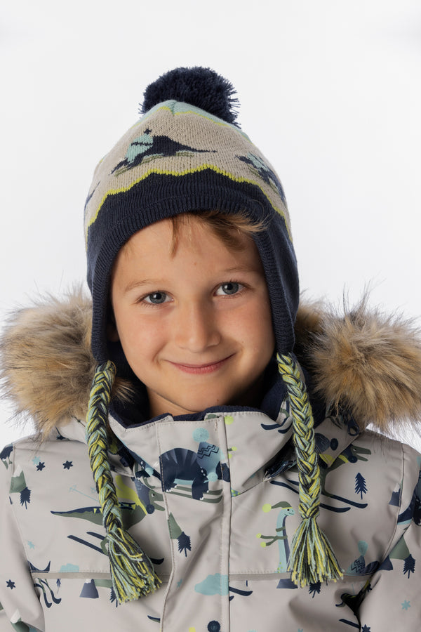 Winter Peruvian Dino Knit Hat With Pompom Dark Turquoise