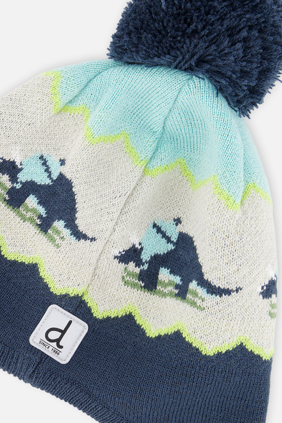 Winter Peruvian Dino Knit Hat With Pompom Dark Turquoise