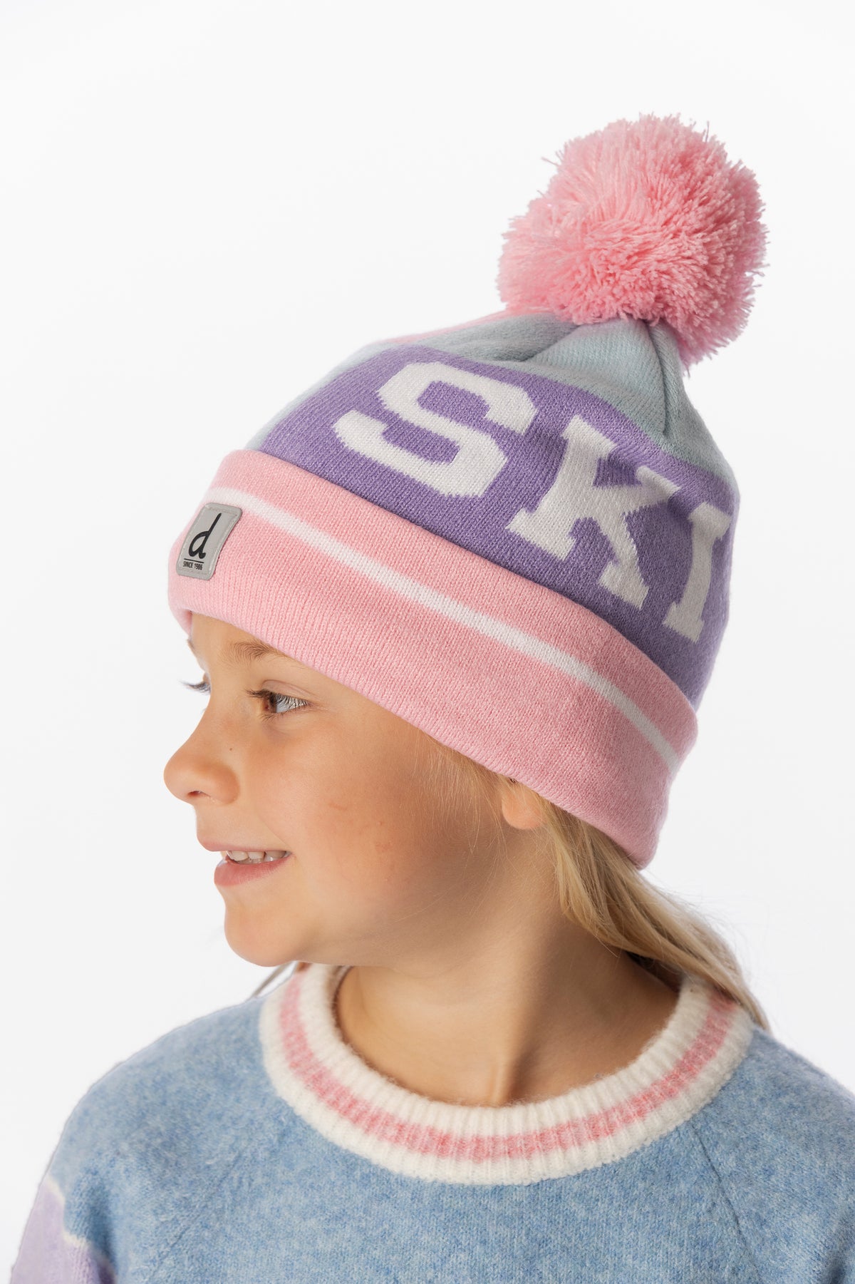 Winter Knit Hat With Pompom Light Blue And Light Pink