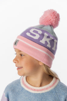 Bonnet d'hiver en tricot avec pompom bleu clair et rose clair