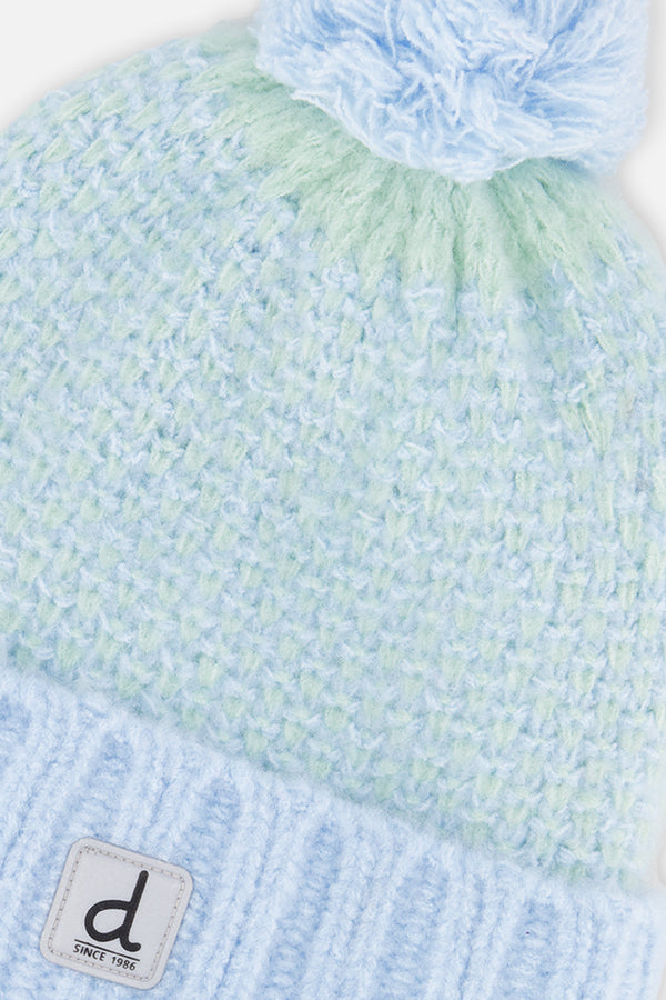 Winter Knit Hat With Pompom Blue Green