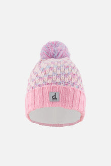 Bonnet d'hiver en tricot avec pompom vieux rose et bleu clair